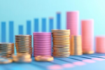 A vibrant display of stacked coins and bar graphs, illustrating financial growth and investment trends in a modern context.