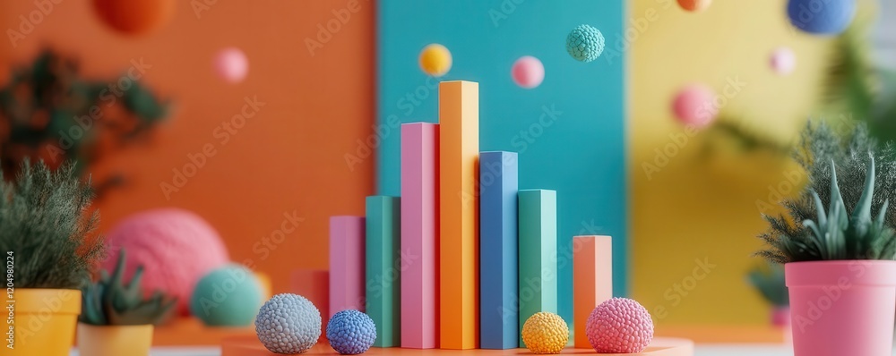 Poster a vibrant display of colorful geometric shapes and plants, creating a playful and modern atmosphere 