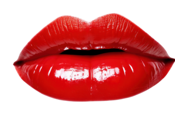 Captivating close-up of vibrant red lips with a high-shine gloss, showcasing their full and luscious appearance. The photograph captures the lips in a slightly pursed position