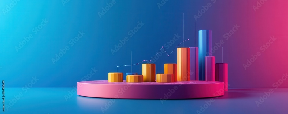 Poster a colorful 3d bar chart on a circular platform, showcasing data visualization against a vibrant blue