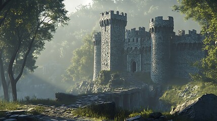 Stone Castle in a Foggy Forest