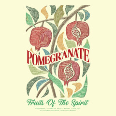 Fototapeta premium Summer food poster design. Fresh pomegranate fruit print. food fashion for t-shirt, sweatshirt print design, women's graphic tee , vintage retro fruit design, summer fruity vintage t shirt design