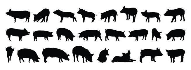 Naklejka premium pig and piglet silhouette set. pig and piglet isolated farm animal silhouette icon vector collection
