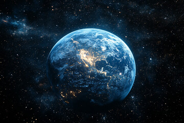 Obraz premium Earth at Night Illuminated Cities Amidst Distant Stars