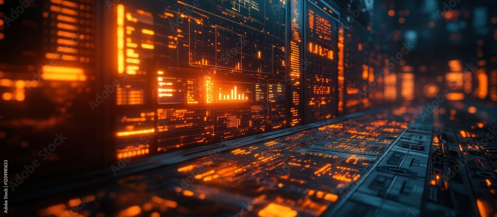 Aufkleber futuristic digital interface with glowing orange panels and data streams.