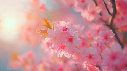 the pink Japanese Sakura blooming, behind is the blight clear Fuji and lake, in sunny day, in Japan
