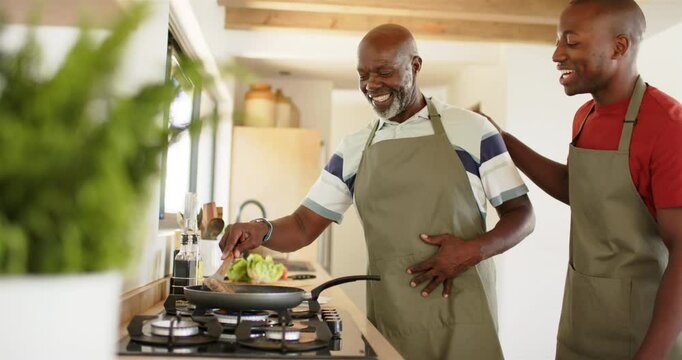 Cooking together, father and son smiling while preparing meal in modern kitchen