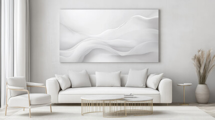 Serene Abstract Canvas:  A large, calming abstract canvas in shades of white and gray hangs above a modern white sofa, creating a minimalist and sophisticated living room ambiance. The artwork's soft.