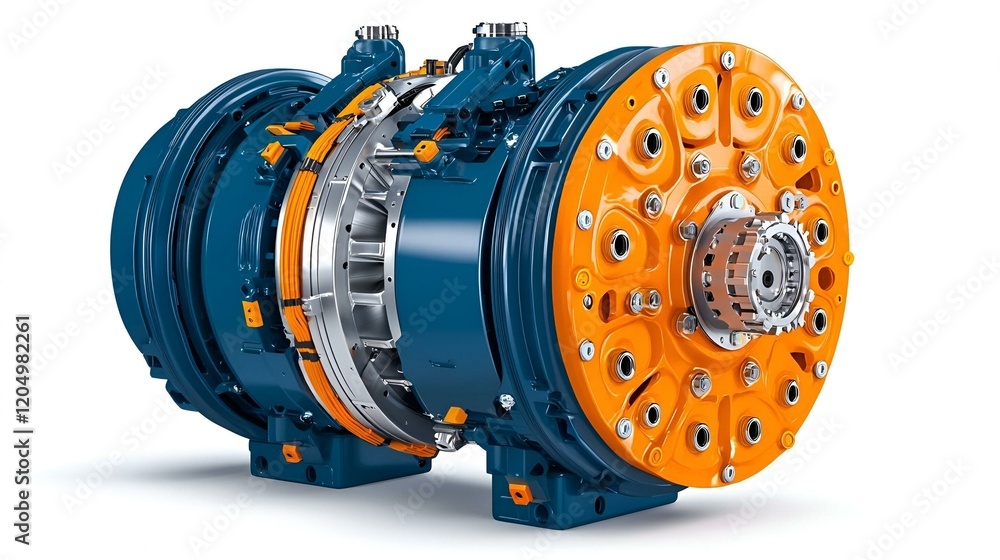 Poster electric motor components arranged in a structured layout, showcasing various parts and intricate de
