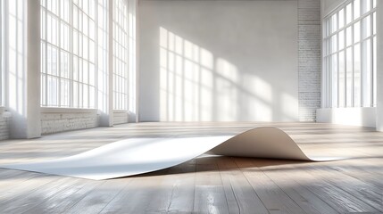 A sleek white banner lying on a polished wooden floor in an open, airy space