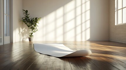 A sleek white banner lying on a polished wooden floor in an open, airy space