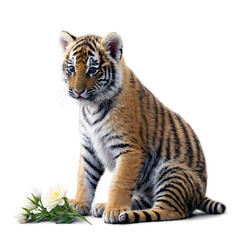 Obraz premium A sweet baby tiger cub seated near a delicate flower, white background.
