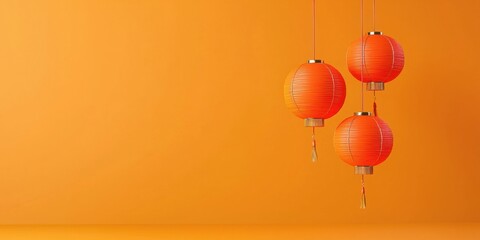 Obraz premium Three red Chinese lanterns hanging from a string for festive decoration in a celebration setting on empty yellow background