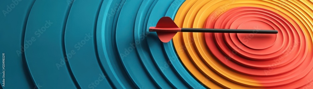 Poster a dart is piercing through colorful concentric rings, symbolizing precision and focus in a visually 