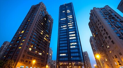 Fototapeta premium Twilight Reflections, A serene view of KAFD buildings in Riyadh, illuminated under the soft glow of the blue hour sky.
