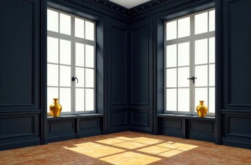 illustration of big black room interior corner with big french windows, golden vases on sill and hardwood floor. Classical living room with molding, wall paneling.