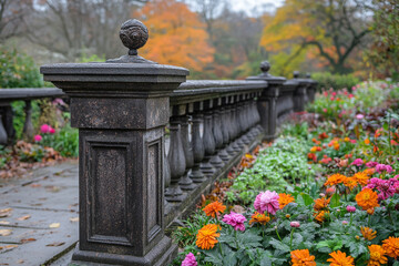 Stone balustrade borders autumnal flower garden