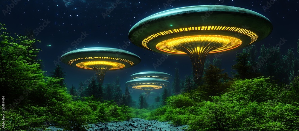 Poster luminous alien structures illuminating a nighttime forest path