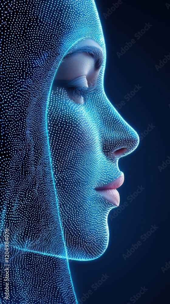 Poster digital representation of a face technology sphere 3d visualization dark environment view data prote