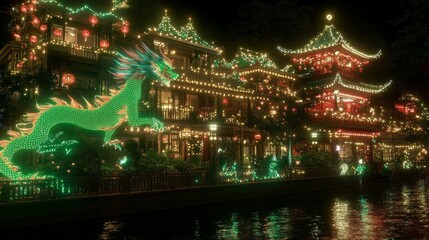 Fototapeta premium Illuminated Dragon and Festive Asian Buildings at Night