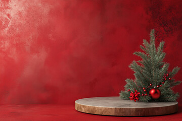 Empty Red Background with Stand or Shelf Display in Cement Material Realistic 3D Render for Christmas Concept







