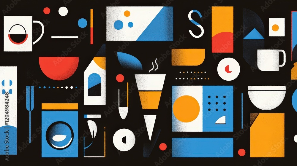 Poster colorful abstract composition with geometric shapes and objects