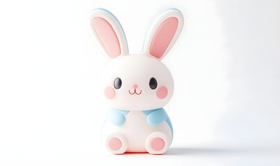 Obraz premium Cute bunny toy sits on white background, studio shot, Easter