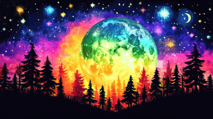 Naklejka premium Rainbow Moon Forest: A vibrant, surreal artwork depicting a rainbow moon rising over a silhouette of a pine forest against a backdrop of a colorful, starry night sky. 