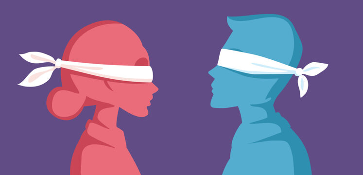 Love Is Blind Vector Cartoon Concept Illustration. Couple feeling in love enjoying blind date meeting 
