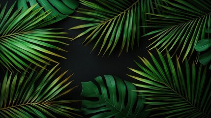 Lush Tropical Palm Leaves on Dark Background - Exotic Summer Foliage Flat Lay