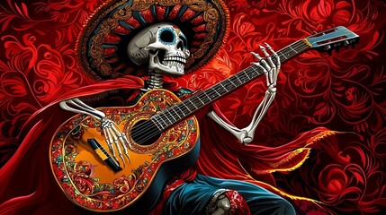 Vibrant Mariachi Skeleton Celebrating Day of the Dead, Hand-drawn Art Emphasizing Colorful Traditions and Cultural Heritage