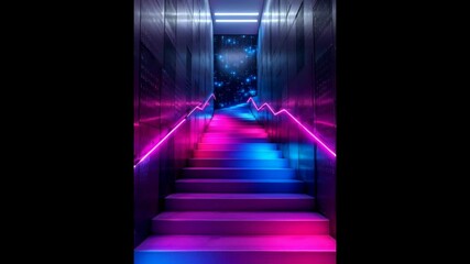 Ascending a Vibrant Futuristic Staircase with Dynamic Neon Lighting and Smooth Dolly Movement - Powered by Adobe