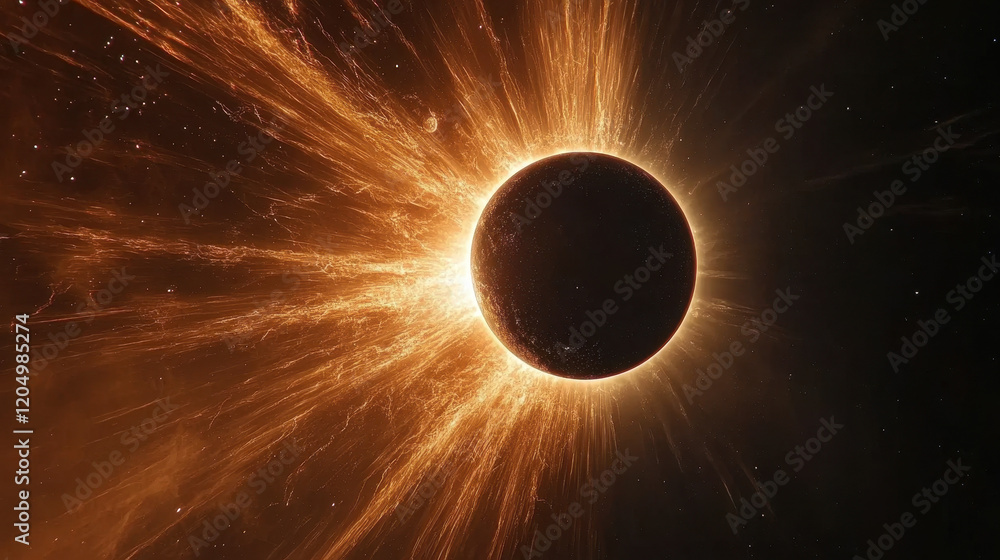 Wall mural cosmic eclipse: a mesmerizing digital art depicting a planet engulfed in a radiant, fiery eclipse, c