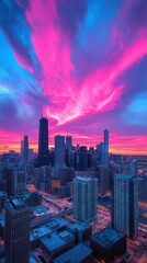 Obraz premium Vibrant cityscape at dusk chicago aerial view urban landscape dramatic contrasts