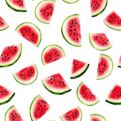 Seamless Pattern of Juicy Watermelon Slices on White Background