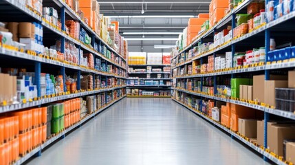 Obraz premium Wide Aisle in Modern Grocery Store with Neatly Arranged Shelves Full of Various Products and Packages