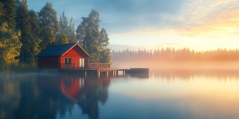 Fototapeta premium Charming Waterfront Cabin with a Private Dock Perfect for Relaxation and Nature Lovers