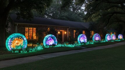 Fototapeta premium Illuminated Festive Wheels Adorn Suburban Home