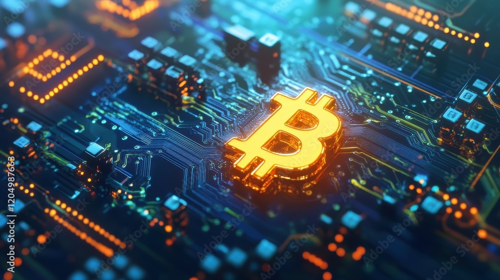 Poster digital blockchain interface with cyber protection button and circuits concept at abstract technolog