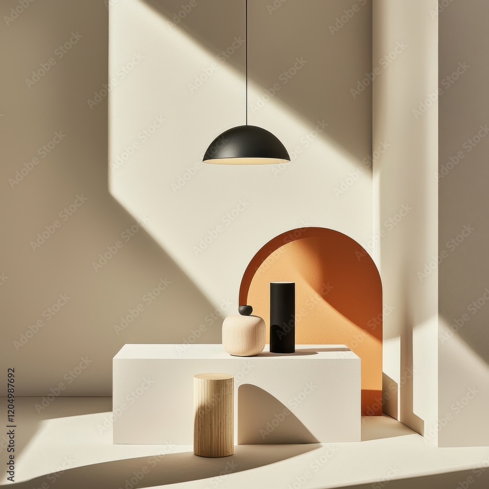 Poster geometric shapes displayed on a table with dramatic shadows indoor setting still life low angle pers