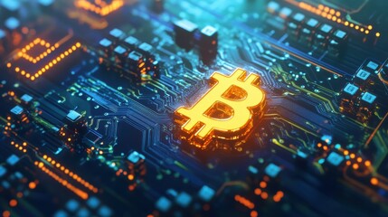 digital blockchain interface with cyber protection button and circuits concept at abstract technology background. 3D render