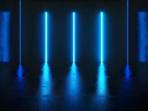 3D render of a dark, empty stage with blue light beams on a black background, an abstract, minimalistic, futuristic scene. Futuristic, minimalist, neon lights, Octane rendering, photorealistic, high-r