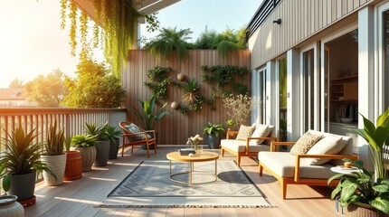 Luxury outdoor patio with wooden furniture, chairs, table, and garden view