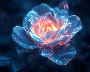 Obraz premium Delicate holographic rose with luminous petals on a dark blue background