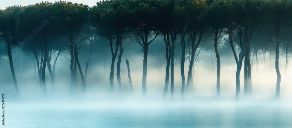 Poster misty forest scene with tall trees shrouded in fog, creating a serene and mysterious atmosphere.