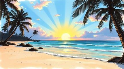 Fototapeta premium A vibrant tropical paradise unfolds with a fiery sunset painting the sky, where swaying palm trees silhouette against the ocean waves on a pristine sandy beach