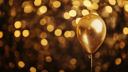 Close-up of a single golden balloon with a bokeh party background, luxurious and elegant event theme