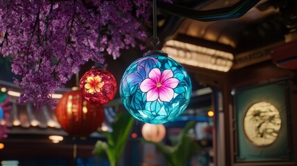 Fototapeta premium Illuminated Floral Glass Globes Hanging Amidst Cherry Blossoms