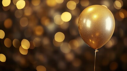 Close-up of a single golden balloon with a bokeh party background, luxurious and elegant event theme