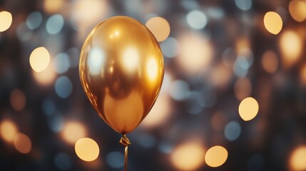 Close-up of a single golden balloon with a bokeh party background, luxurious and elegant event theme